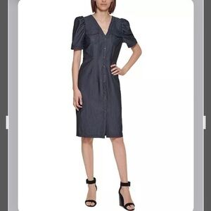 Calvin Klein Denim Puff-Sleeve Sheath Dress in Blue Size 6P